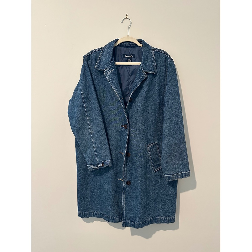 Denim & Co Vintage Denim Trench Coat Medium Wash Blue Cotton Lined Long Jacket L
